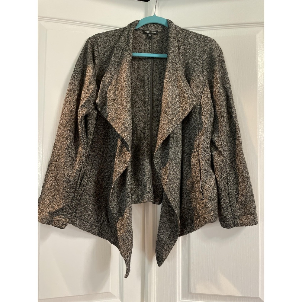 Eileen Fisher Jacket Womens Small Gray Waterfall Open Front Knit Italian Fabric